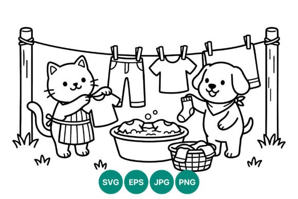 Cat and Dog Hanging Clothes Vector Art