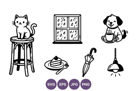 Cat Dog Umbrella Cake Line Art Icons