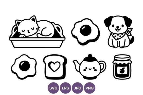 Cute Breakfast Cat Dog Line Art