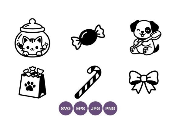 Cute Cat Dog Candy Bow Line Art