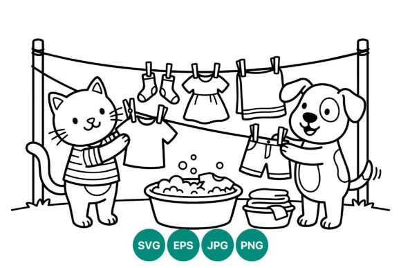 Cute Cat Dog Hanging Laundry Vector Line