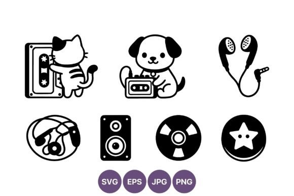 Cute Cat Dog Music Icons Vector