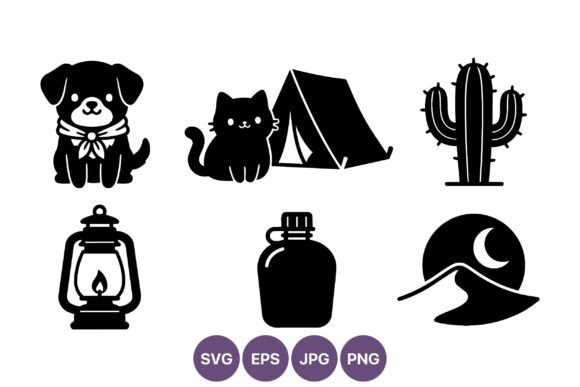 Cute Dog Cat Camping Desert Silhouettes