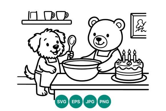 Dog and Bear Baking Cake Vector Art
