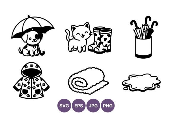 Dog Cat Rain Umbrella Line Art