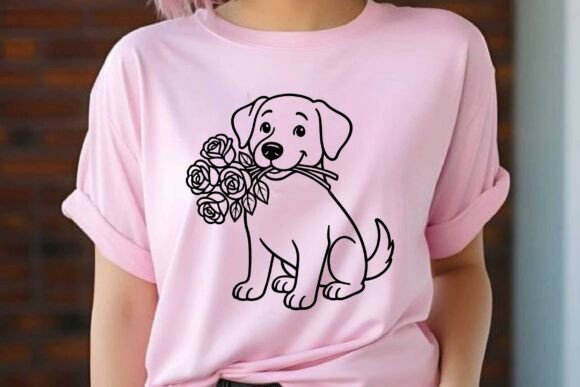 Dog Holding Rose Bouquet Clipart Vector
