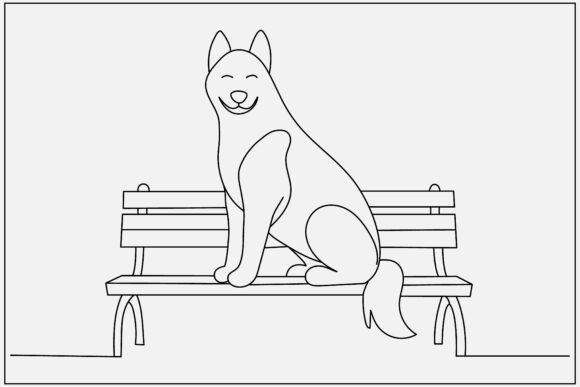 Dog Sitting on Bench Line Art