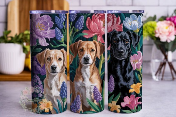Pug Dog Floral Garden Tumbler Wrap PNG