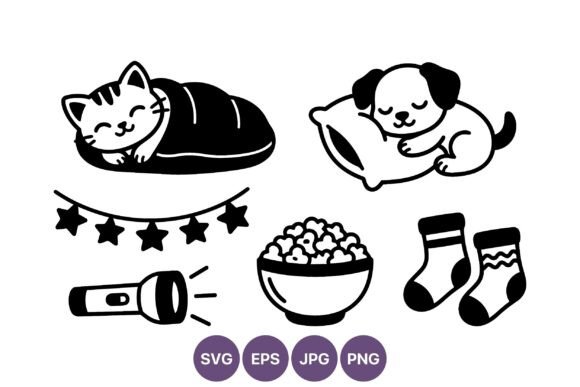 Sleeping Cat and Dog Line Art